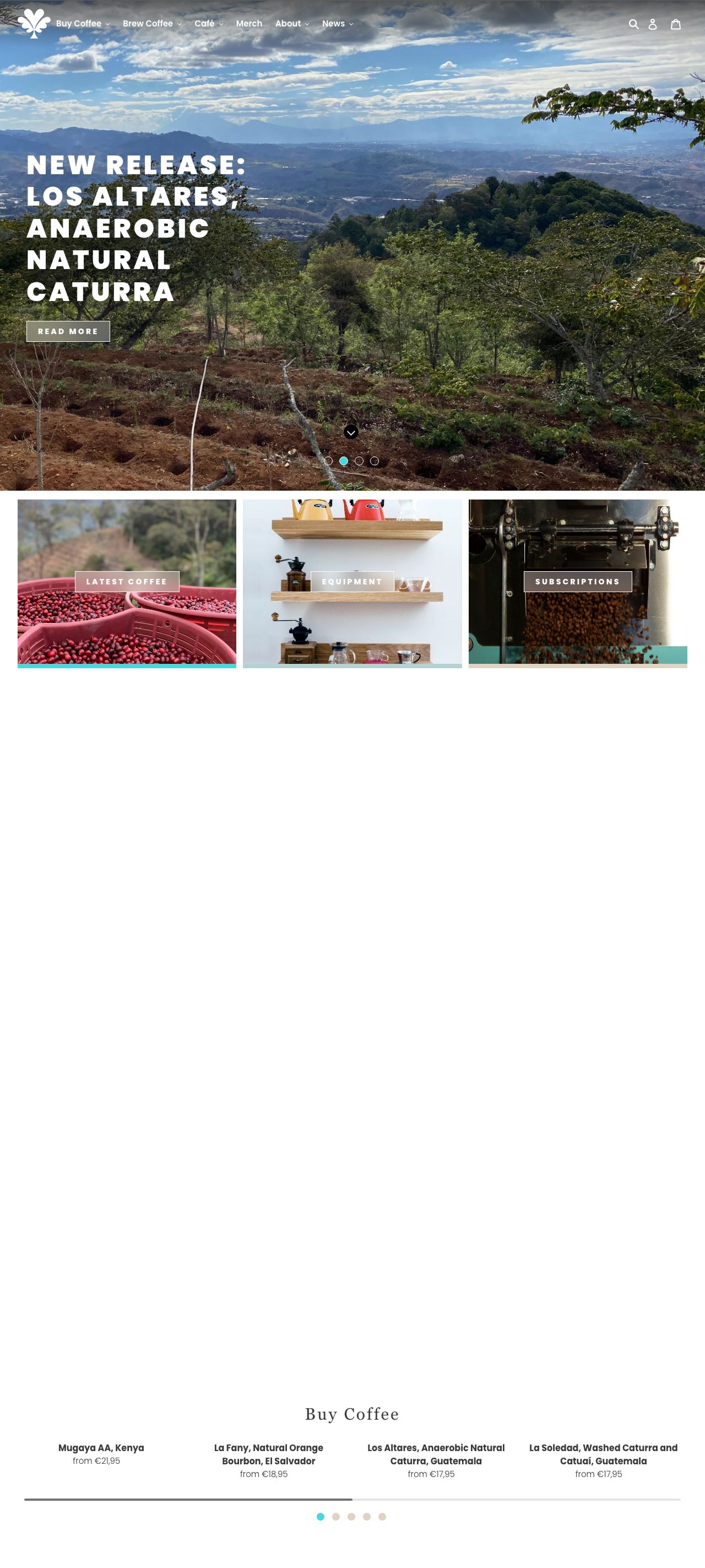 Full Drop Coffee homepage from the origin photograph through the current release and shop sections