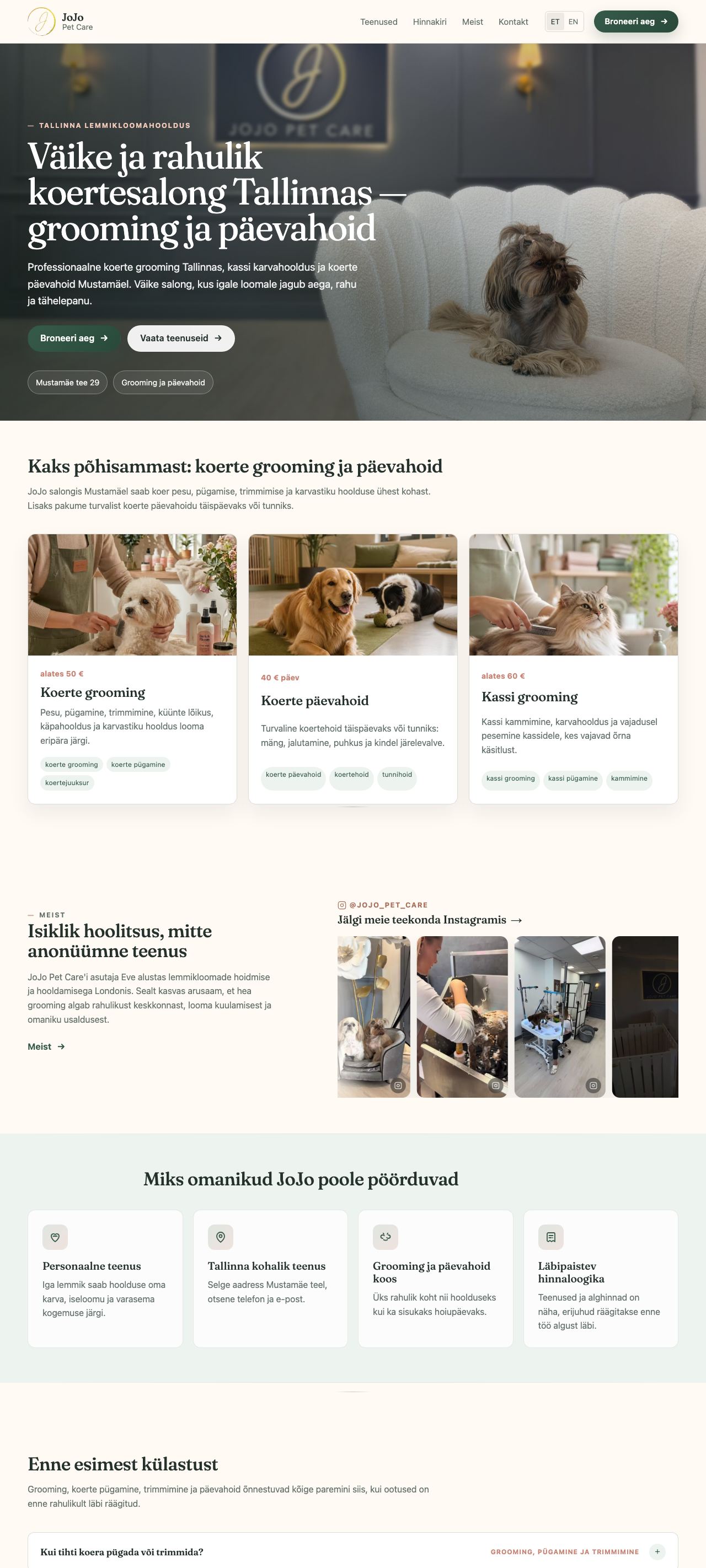 Full JoJo Pet Care website page from the opening photograph through services, care information and booking