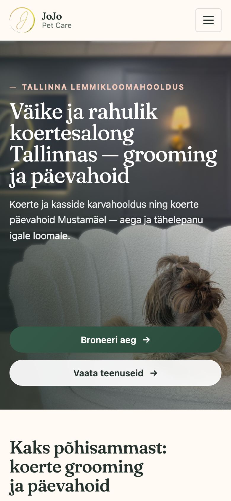 JoJo Pet Care website shown at a 390-pixel mobile viewport