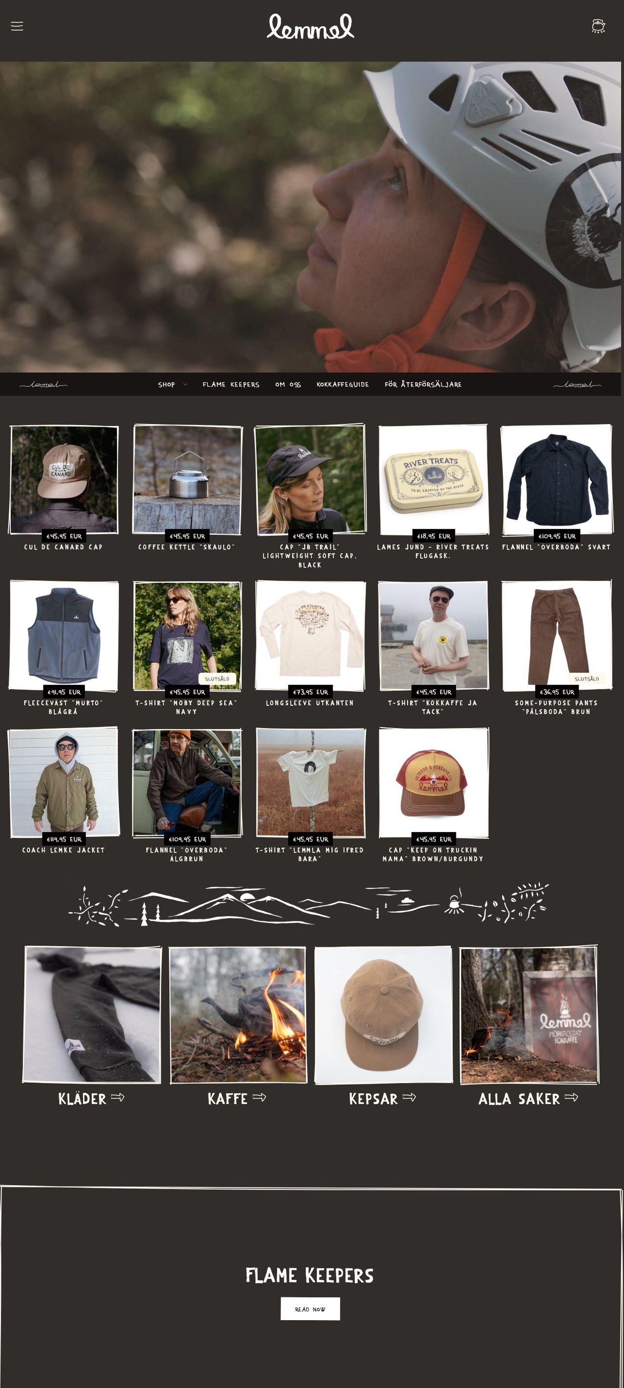 Full Lemmel Kaffe homepage from the outdoor photograph through the shop and guide sections