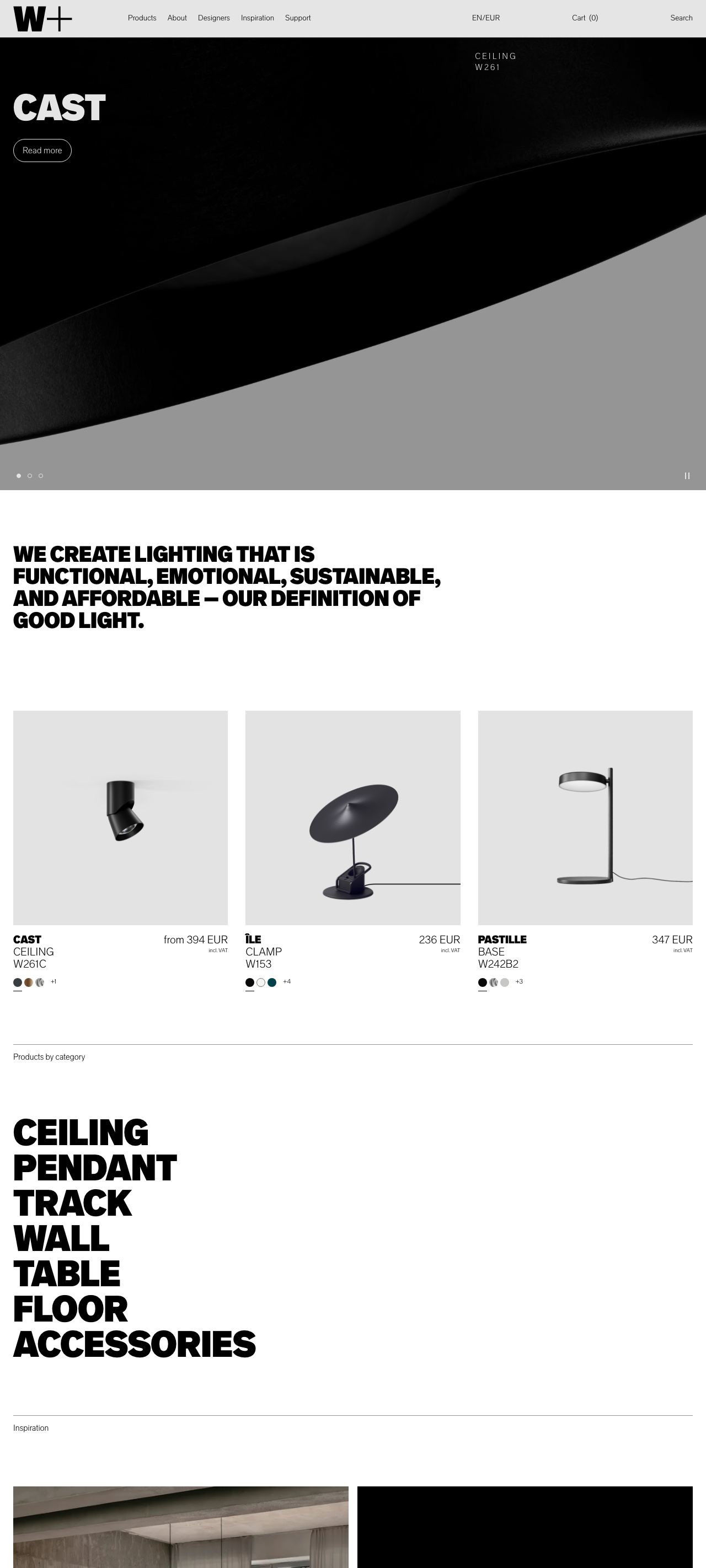 Full Wästberg homepage from the macro product photograph through the collections and designer sections